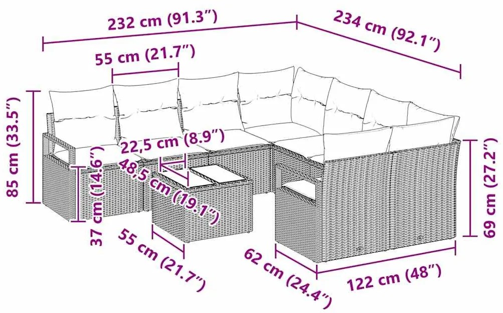 Conjunto de Sofás de Jardim com 9 Peças vidaXL com Almofadas Preto Rat