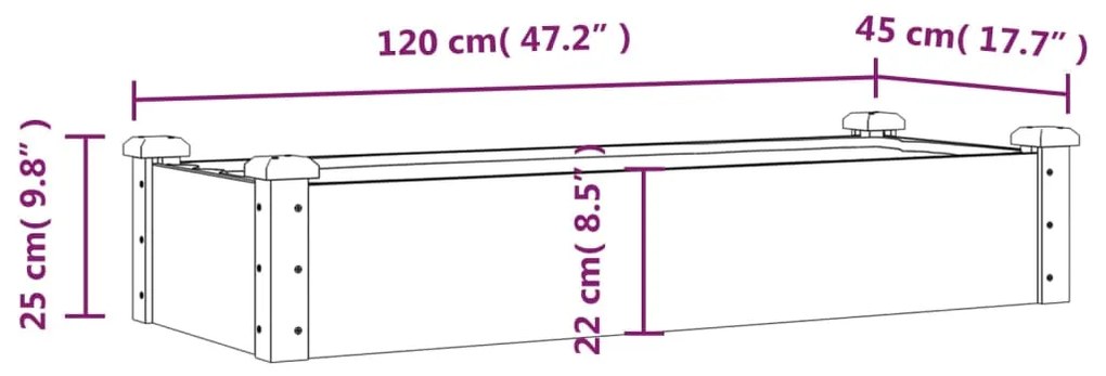 Canteiro elevado c/ forro 120x45x25 cm madeira de abeto maciça
