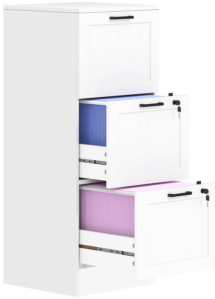 HOMCOM Bloco de Gavetas para Escritório com 3 Gavetas para Escritório com Fechaduras Gavetas Suspensas para A4 40x40x101 cm Branco | Aosom Portugal