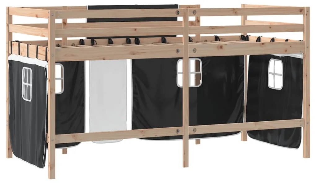 Cama alta criança c/ cortina 80x200cm pinho maciço branco/preto