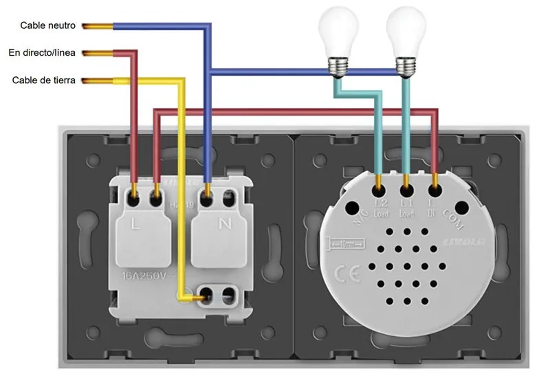 Interruptor tátil 2 botões + 1 tomada, função controlo remoto frontal, Painel frente cinzento vidro temperado