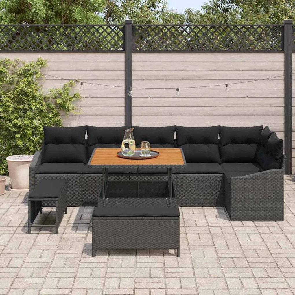 Sofá de Jardim de 9 Peças com Almofadas de Rattan Preto e Acácia