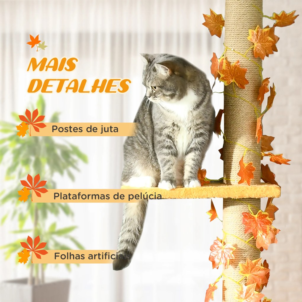 Arranhador para Gatos do Chão ao Teto 37x21x202-242 cm Torre Arranhador para Gatos com Altura Ajustável 3 Plataformas Laranja