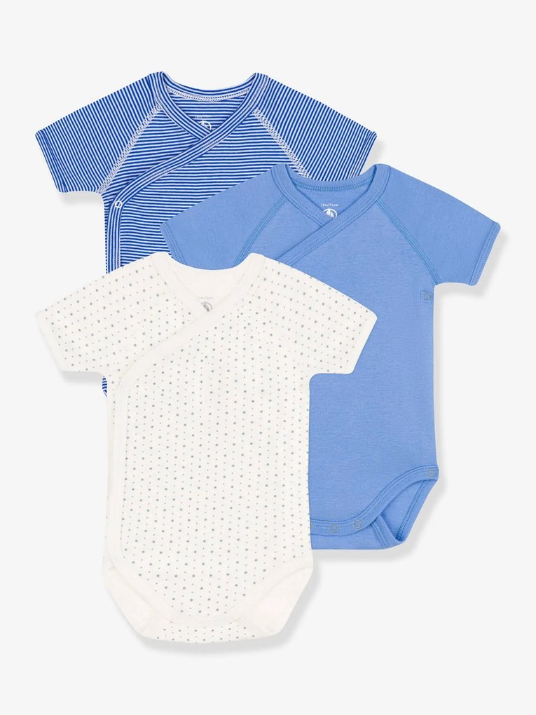 Lote de 3 bodies recém-nascido, de mangas curtas, em algodão bio, da Petit Bateau branco