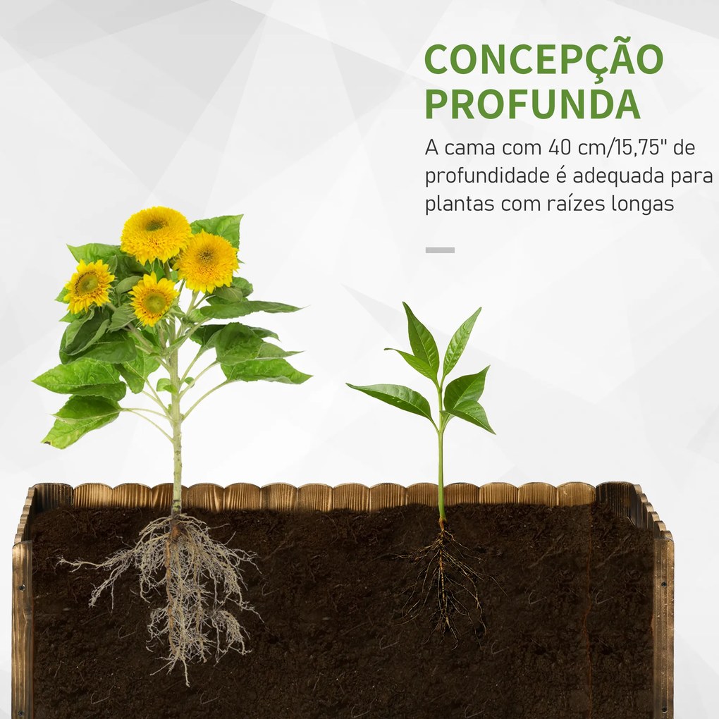 Floreira de Madeira com Base Aberta para Cultivar Plantas Flores Ervas Floreira Exterior Retangular 120x40x40 cm Carbonizada