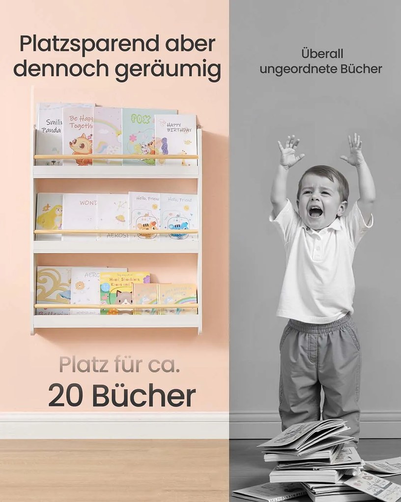 Estante infantil 12 x 60 x 75 cm com 3 prateleiras em branco e cor natural