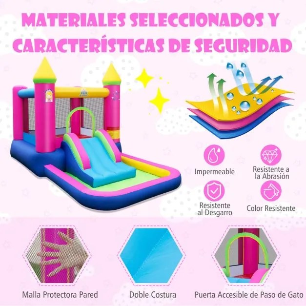 Castelo insuflável de princesa (SEM VENTILADOR) com escorrega Piscina 363 x 202 x 205 cm com aro de basquetebol Saco de transporte para crianças Mult