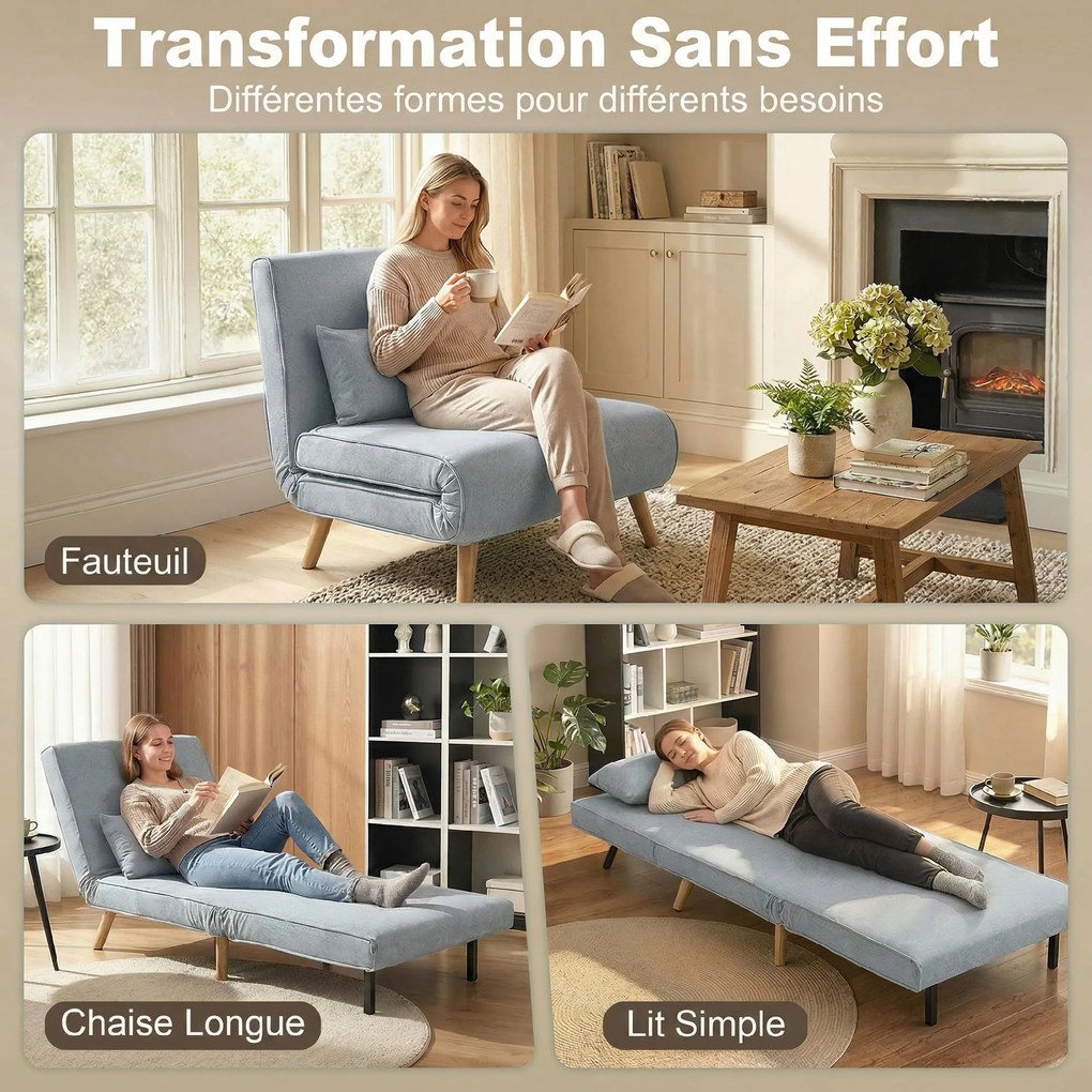Poltrona  convertível 3 em 1: poltrona-cama individual com encosto de 5 posições, em tecido com almofada, cinzenta