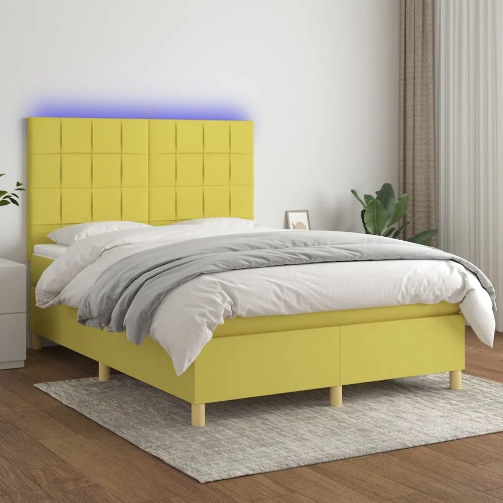vidaXL Cama box spring c/ colchão e LED 140x200 cm tecido verde
