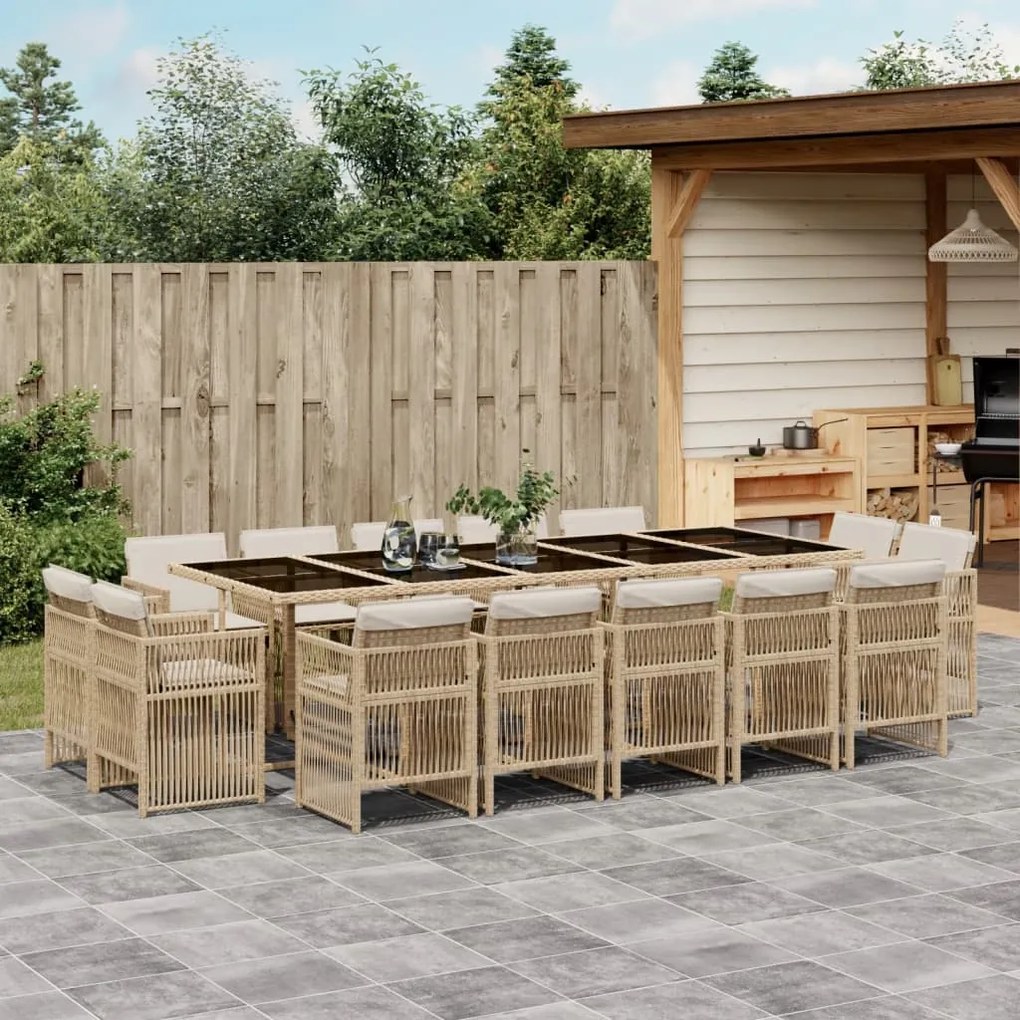 15 pcs conjunto de jantar p/ jardim com almofadões vime PE bege