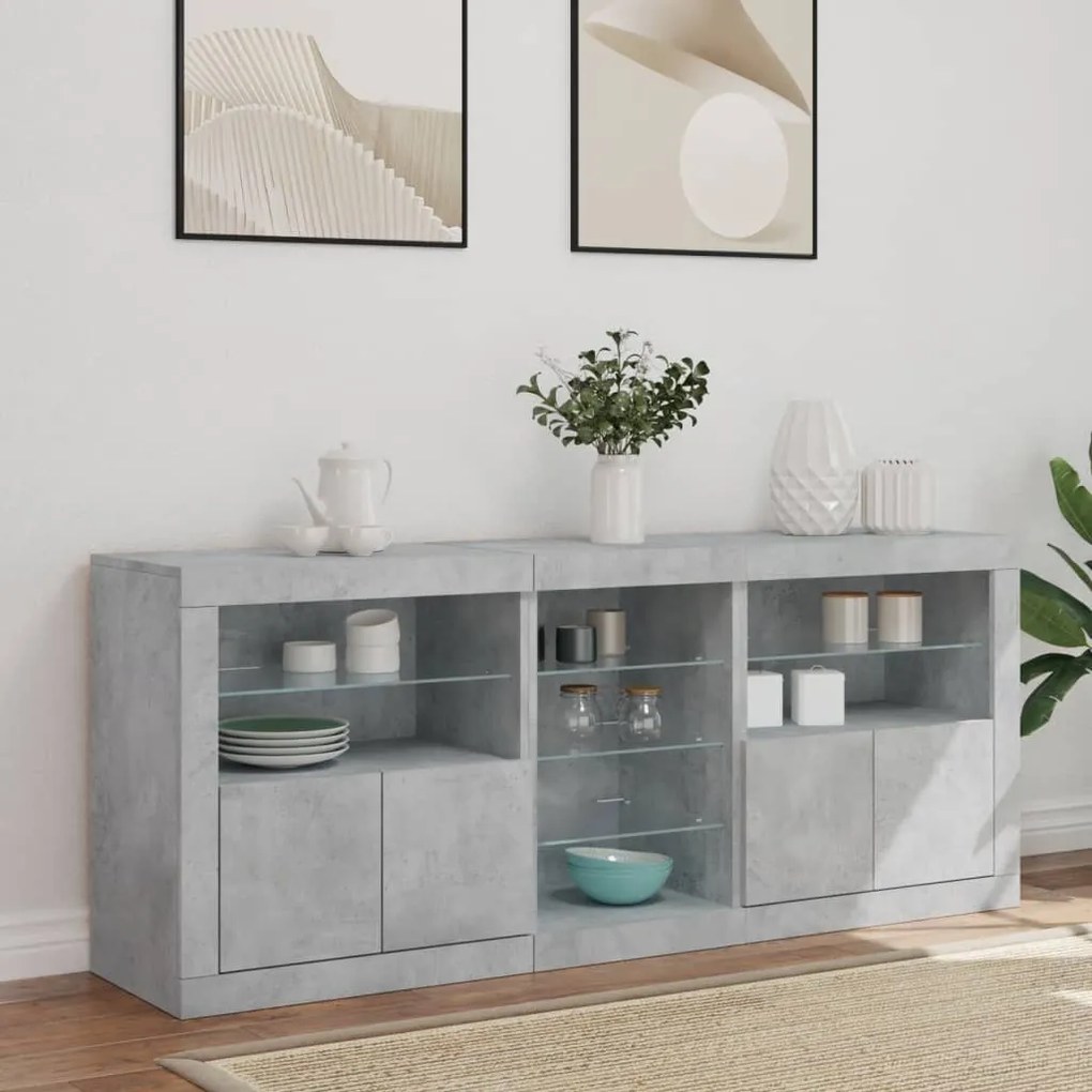 Aparador com luzes LED 162x37x67 cm cinzento cimento