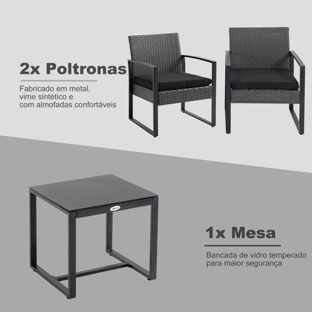 Conjunto de Móveis de Jardim de Vime 3 Peças com 1 Mesa 42,5x40x39 cm 2 Poltronas 63x57x76 cm Cinzento e Preto