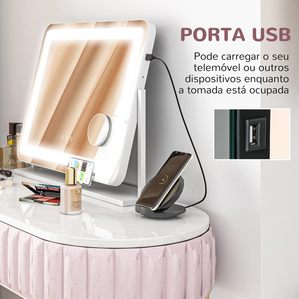 Espelho de Maquilhagem com Luzes 3 Modos de Iluminação Suporte para Telemóvel e Entrada USB  62,5x14x49,5 cm Branco