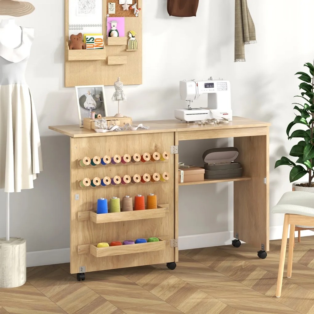Mesa de Costura Dobrável Multifuncional Estante Compacta 2 Tabuleiros e 18 Pinos Armário de Costura com Porta e 5 Rodas Natural