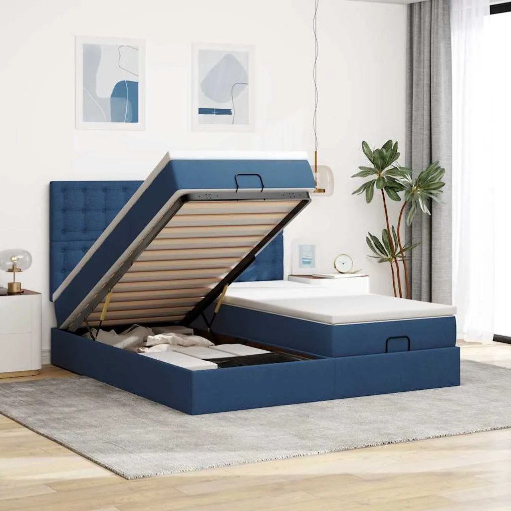 Estrutura de cama otomana com colchões 200x200cm tecido azul