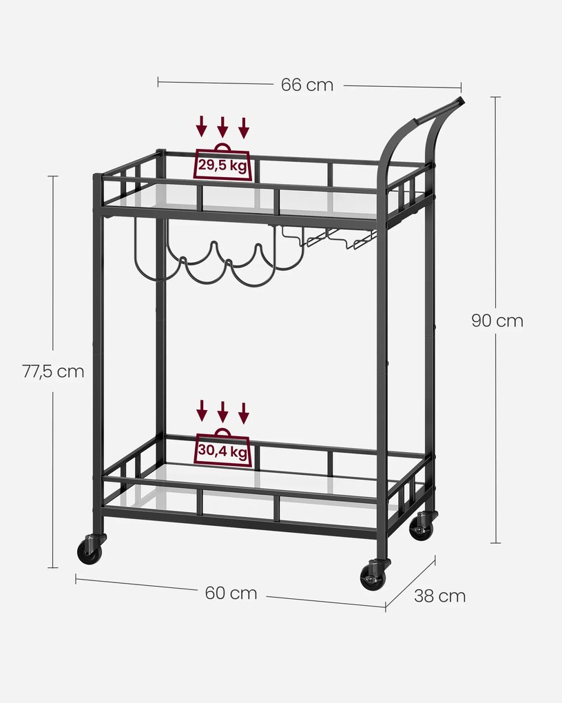 Carrinho de cozinha ou bar com 2 prateleiras de vidro espelhado 38 x 60 x 90 cm preto