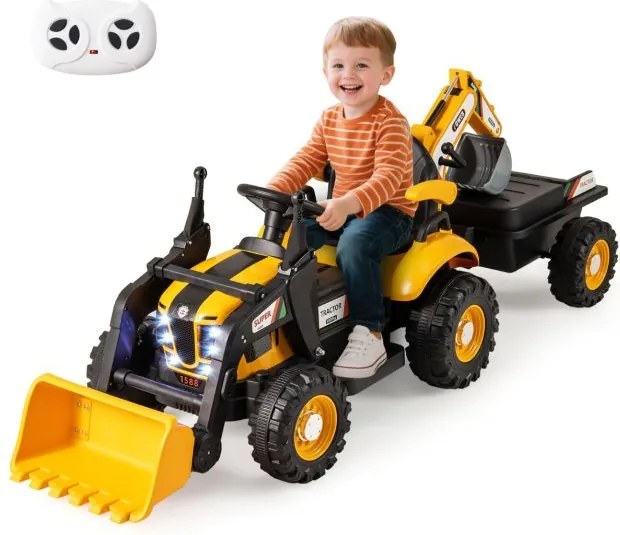 Trator elétrico 4 em 1 para crianças 12V com controle remoto, pá, reboque removível e luzes LED para crianças de 3 a 8 anos, 185 x 58 x 65 cm, amarelo