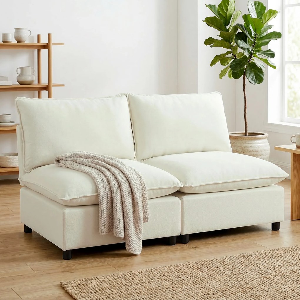 Sofá modular de 2 lugares 146 (C) x 85 (P) x 78 (A) cm, sofá de sala moderno de 146 cm sem braços, com assento largo e almofadas, cor creme