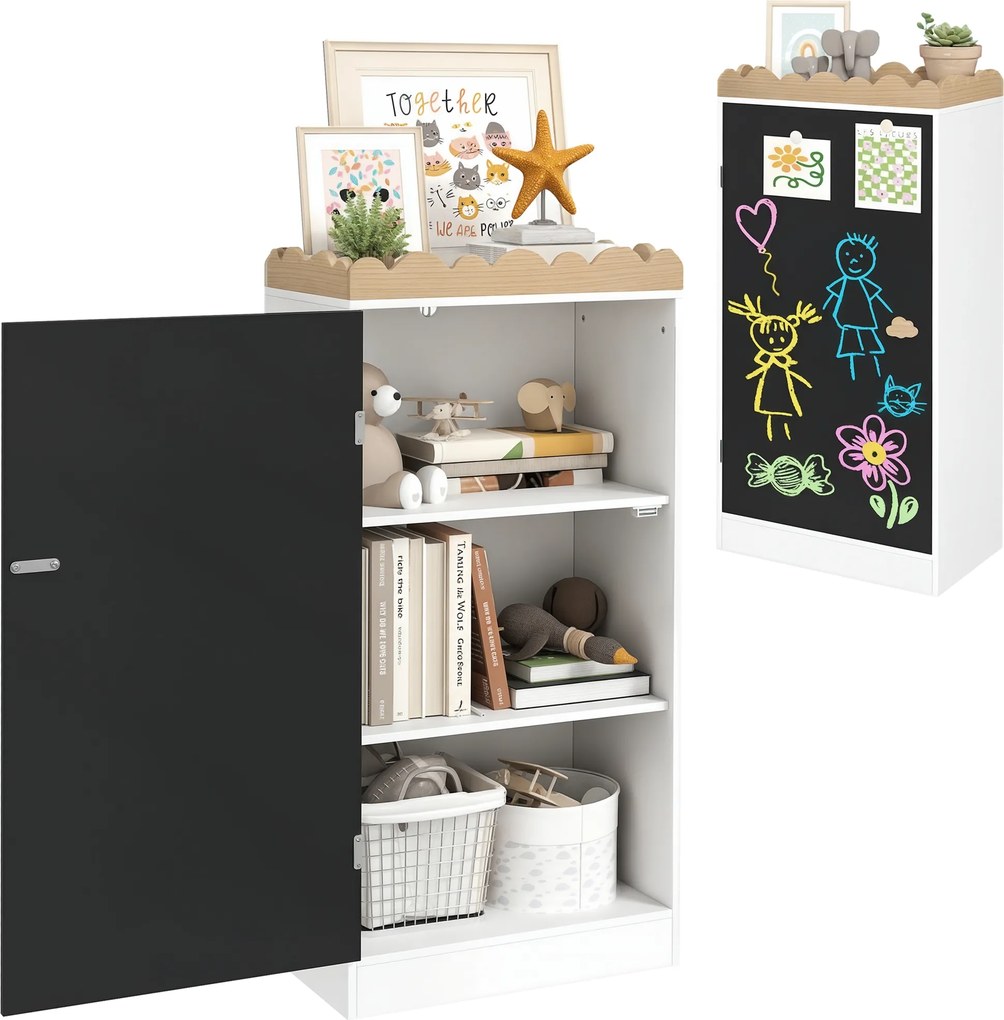 Móvel de arrumação infantil 48 L x 30 P x 100 A cm, arrumação para brinquedos com porta em quadro negro, 3 compartimentos e prateleira superior, branc