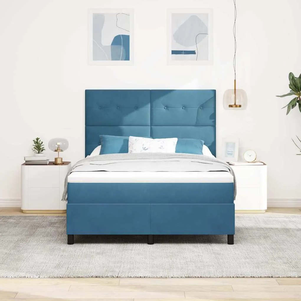 Camas Box com Colchão e LED Azul Escuro 140x190 cm Veludo