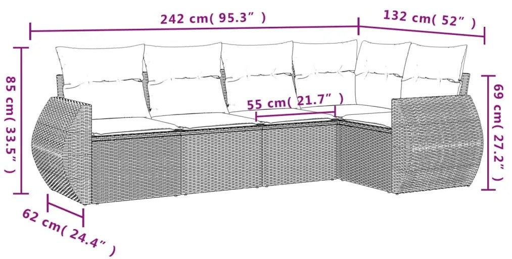 5 pcs conjunto de sofás p/ jardim com almofadões vime PE bege