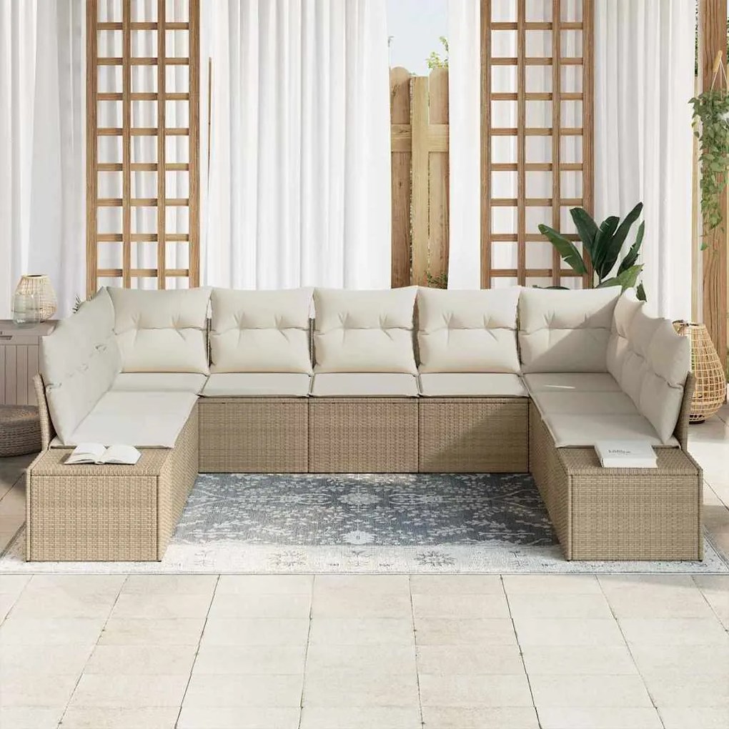 Sofá de Jardim 9 Peças com Almofadas em Vime Poli Rattan Beje