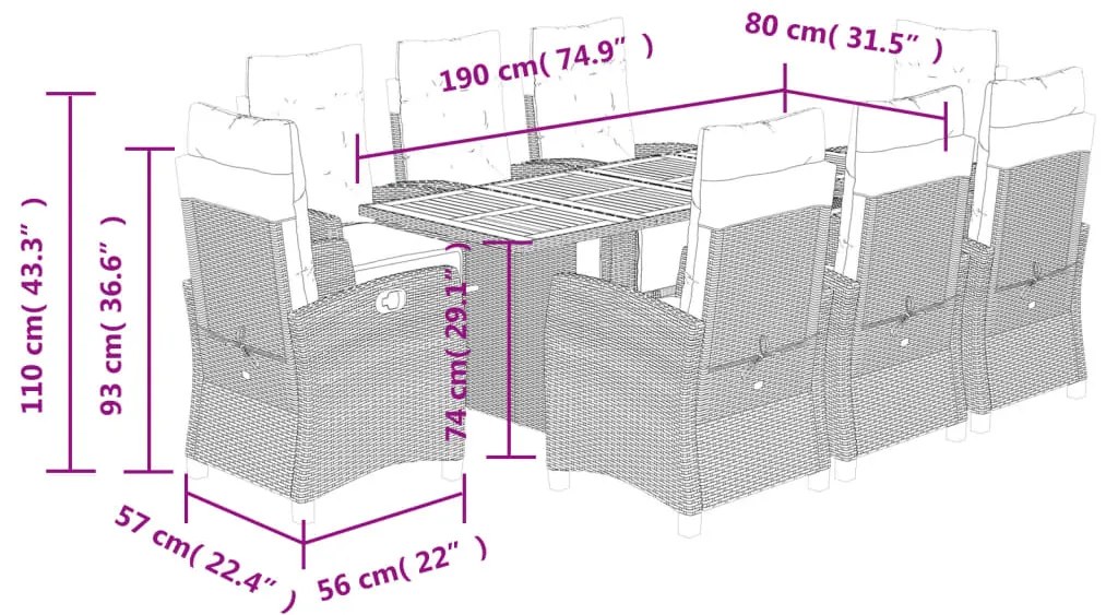 9 pcs conjunto de jantar p/ jardim com almofadões vime PE bege