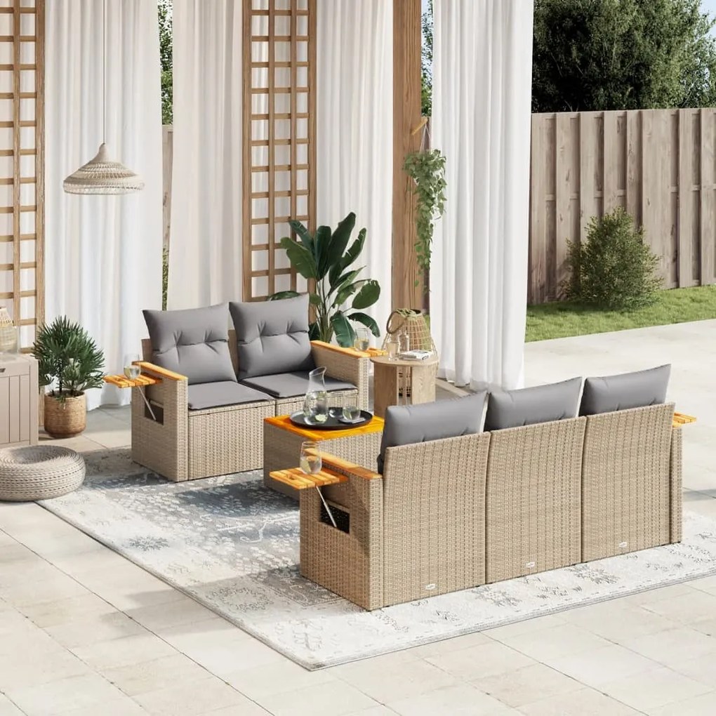 6 pcs conjunto de sofás p/ jardim com almofadões vime PE bege