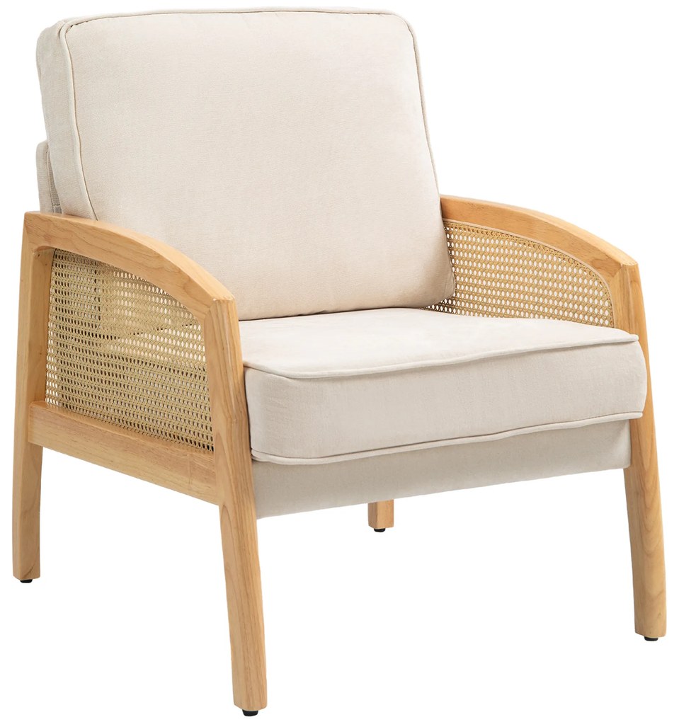 Poltrona Sala de Estar Moderna com Apoio para os Braços em Vime e Pés de Madeira para Escritório 67x75x88 cm Bege
