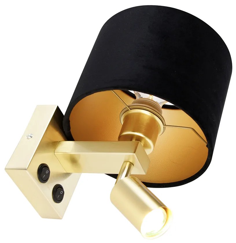 Candeeiro de parede em latão com luz de leitura e abajur de 18 cm preto - Brescia