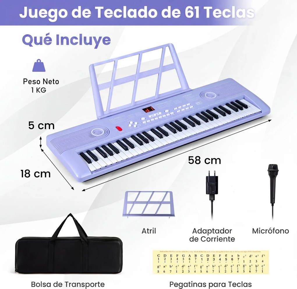 Teclado de piano portátil de 61 teclas com suporte para partituras, microfone, autocolantes de notas e bolsa - 58 x 18 x 5 cm - Roxo