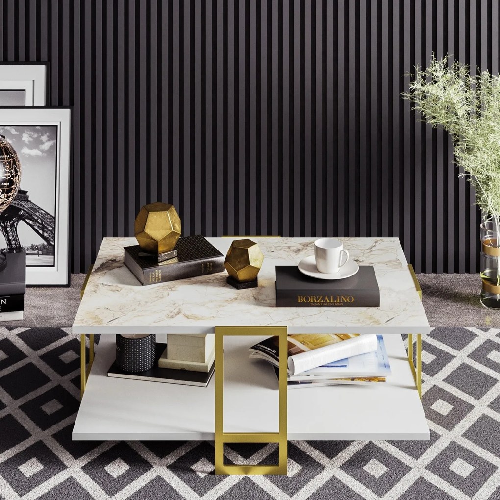 Mesa de Centro Polka – Dourado e Branco – 91,5 x 36,6 x 61,5 cm