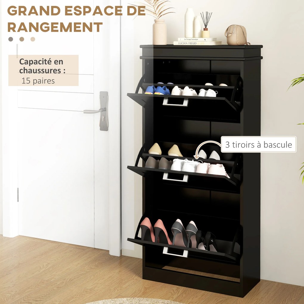 Sapateira armário com 3 portas basculantes para 15 pares, prateleiras ajustáveis, 54 x 24 x 117,5 cm, preto