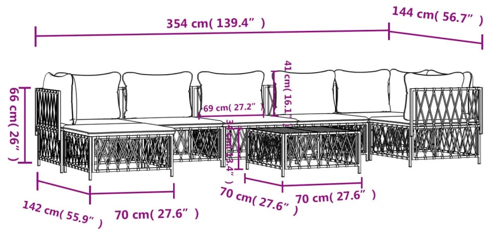 8 pcs conjunto lounge de jardim com almofadões aço branco