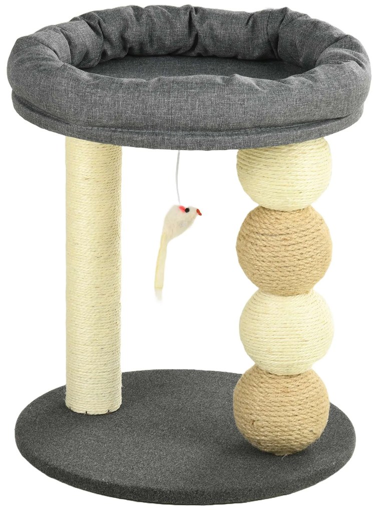 PawHut Arranhador Felino Compacto Centro Atividades Cama Bolas Postes Sisal Prático Ø40x48cm Cinza Bege