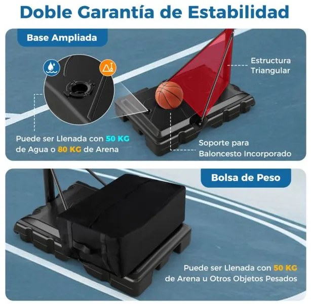 Cesto de basquetebol ajustável 1,49-3,05 m Sistema de cesto portátil para todas as condições climatéricas com tabela 2 rodas Base recarregável