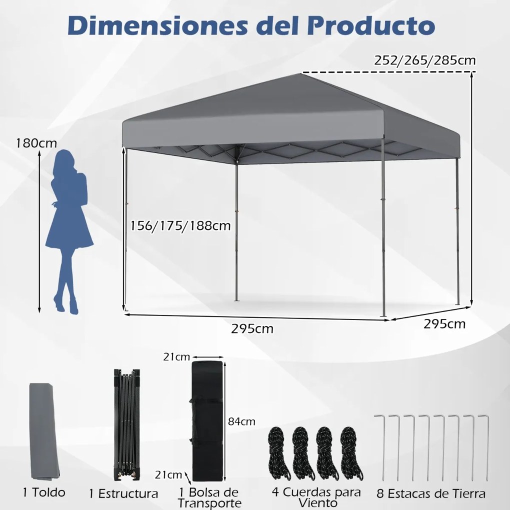 Tenda dobrável com bolsa de transporte e altura ajustável em 3 posições para jardim, festas, eventos 295 x 295 cm cinza