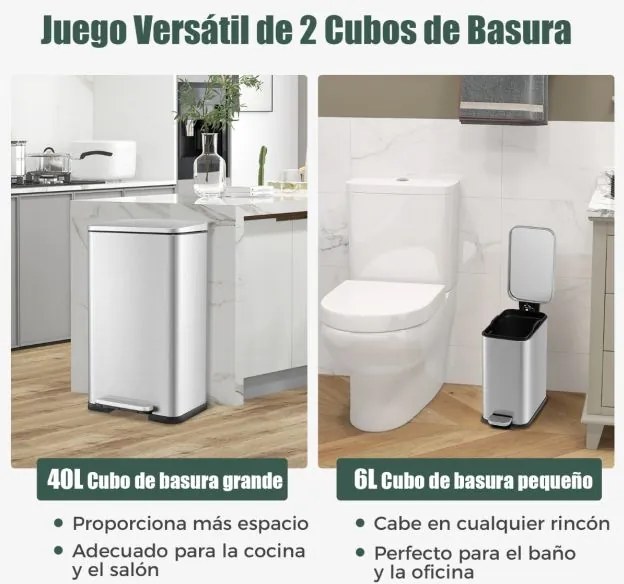 Conjunto de caixotes do lixo de 40 litros + 6 Litros em aço e baldes interiores amovíveis para lixo de cozinha Prateado