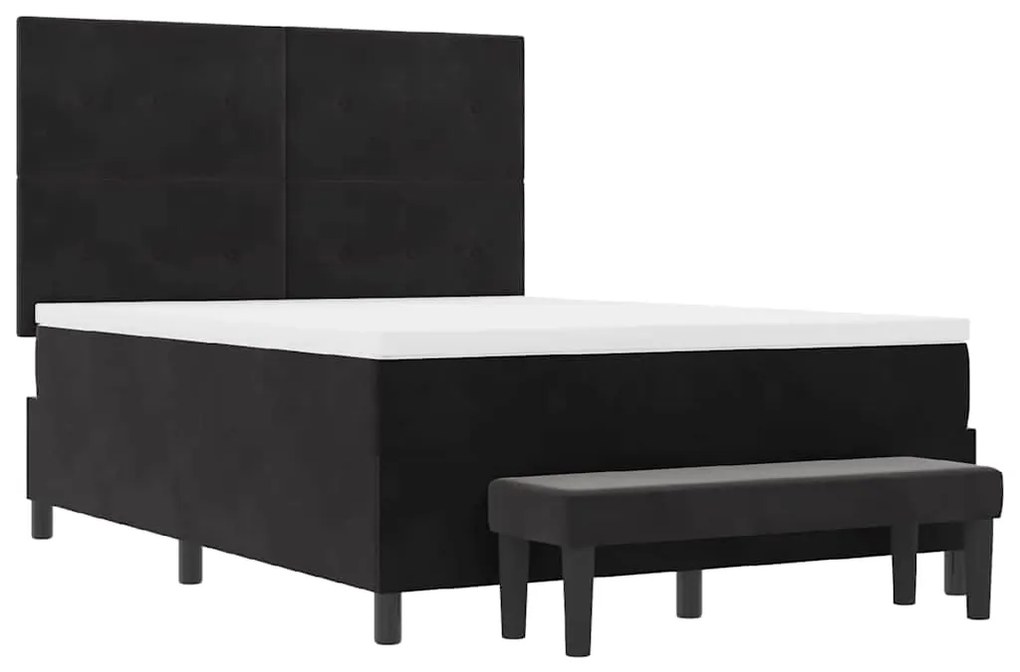 Cama Box Spring com Colchão &amp; Banco Preto 140x190 cm Veludo