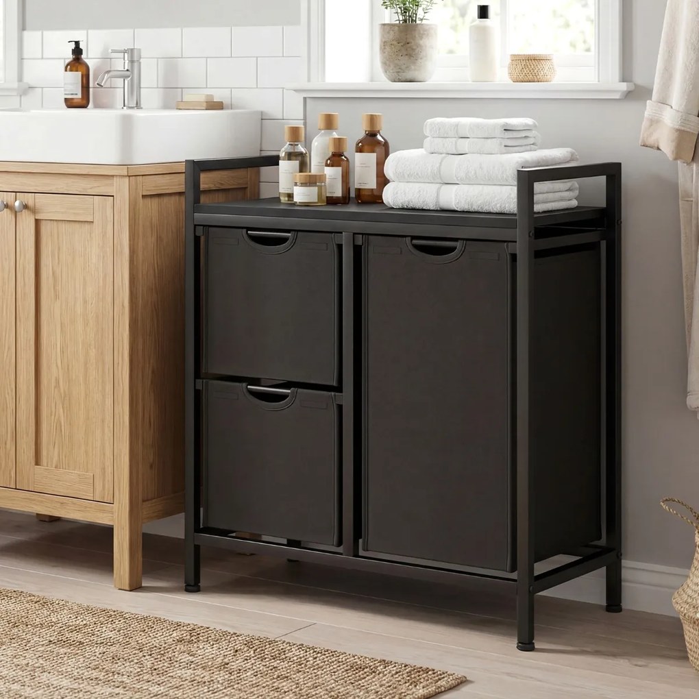 Cesto para roupa suja 66,5 cm x 33 cm x 72 cm com prateleira e 3 sacos removíveis para casa de banho e quarto Preto