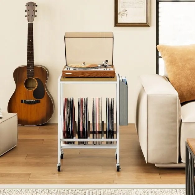 Suporte para gira-discos com armazenamento 49,5 x 30 x 64 cm para discos de vinil e revistas com rodas natural