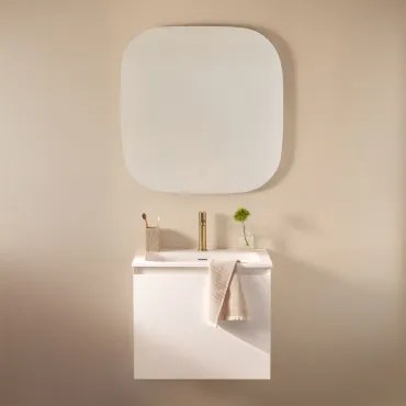 Conjunto De Móvel De Casa De Banho Suspenso Em Madeira Com Lavatório Integrado Macrae Branco & Quadrado Led E Anti-embaciamento 75x75 Cm - Sklum