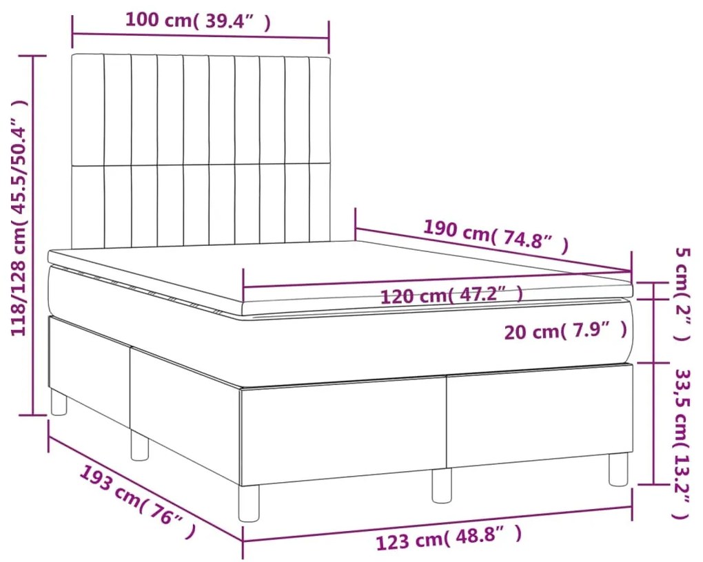 Cama boxspring com colchão 120x190 cm veludo azul-escuro