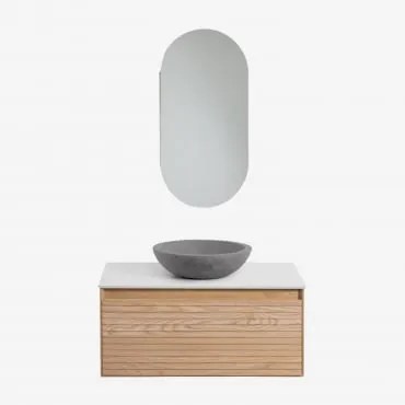 Conjunto De Móvel De Casa De Banho Em Madeira De Freixo Tedrik Castanho Fresno & Cimento Cinzento Redondo Ø40 Cm Tarsis & Ovalado - Sklum