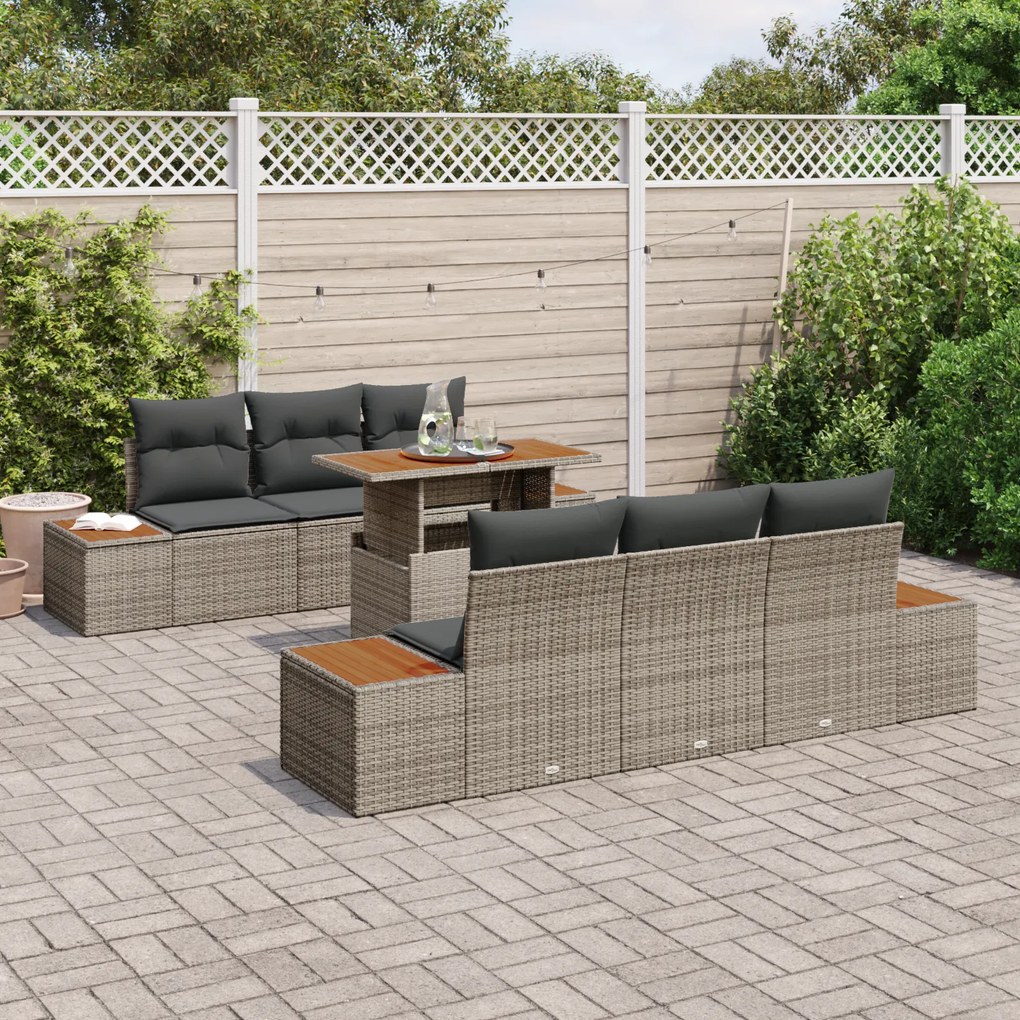 Conjunto de Sofá de Jardim vidaXL 7 Peças com Almofadas Cinza Rattan P