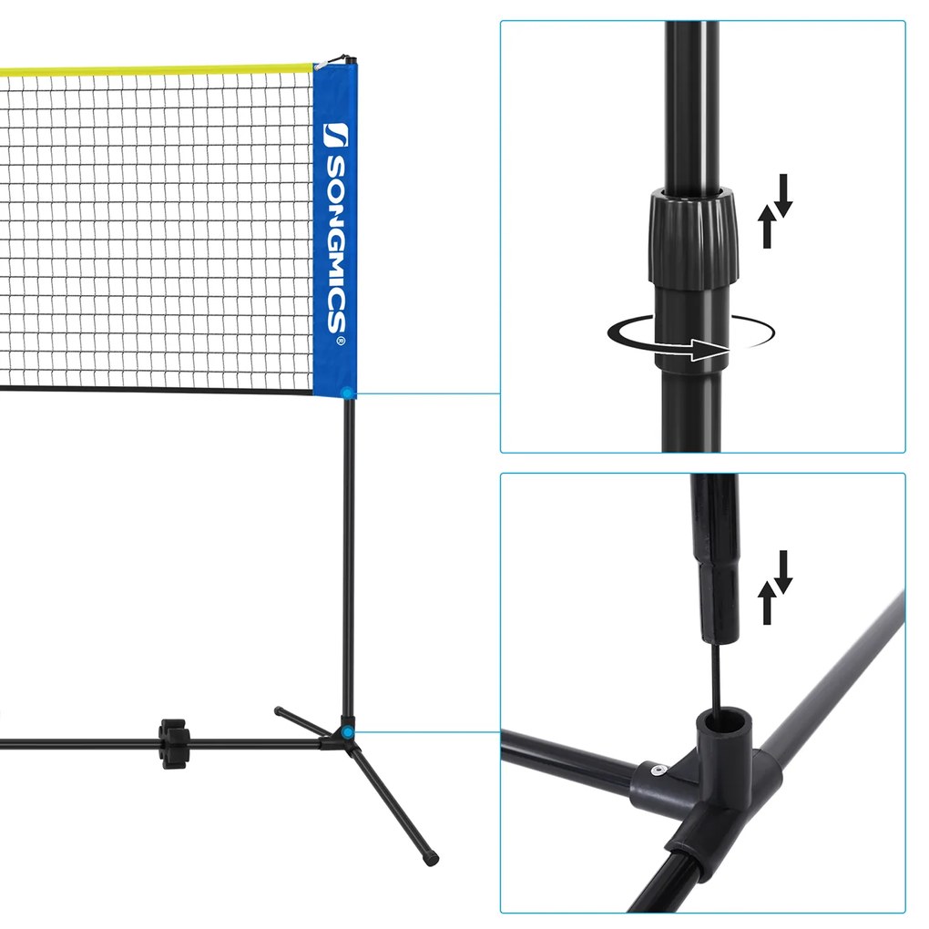 Rede de badminton fácil de montar com altura regulável 400 x 103 x (90-155) cm com saco de transporte Azul-amarelo