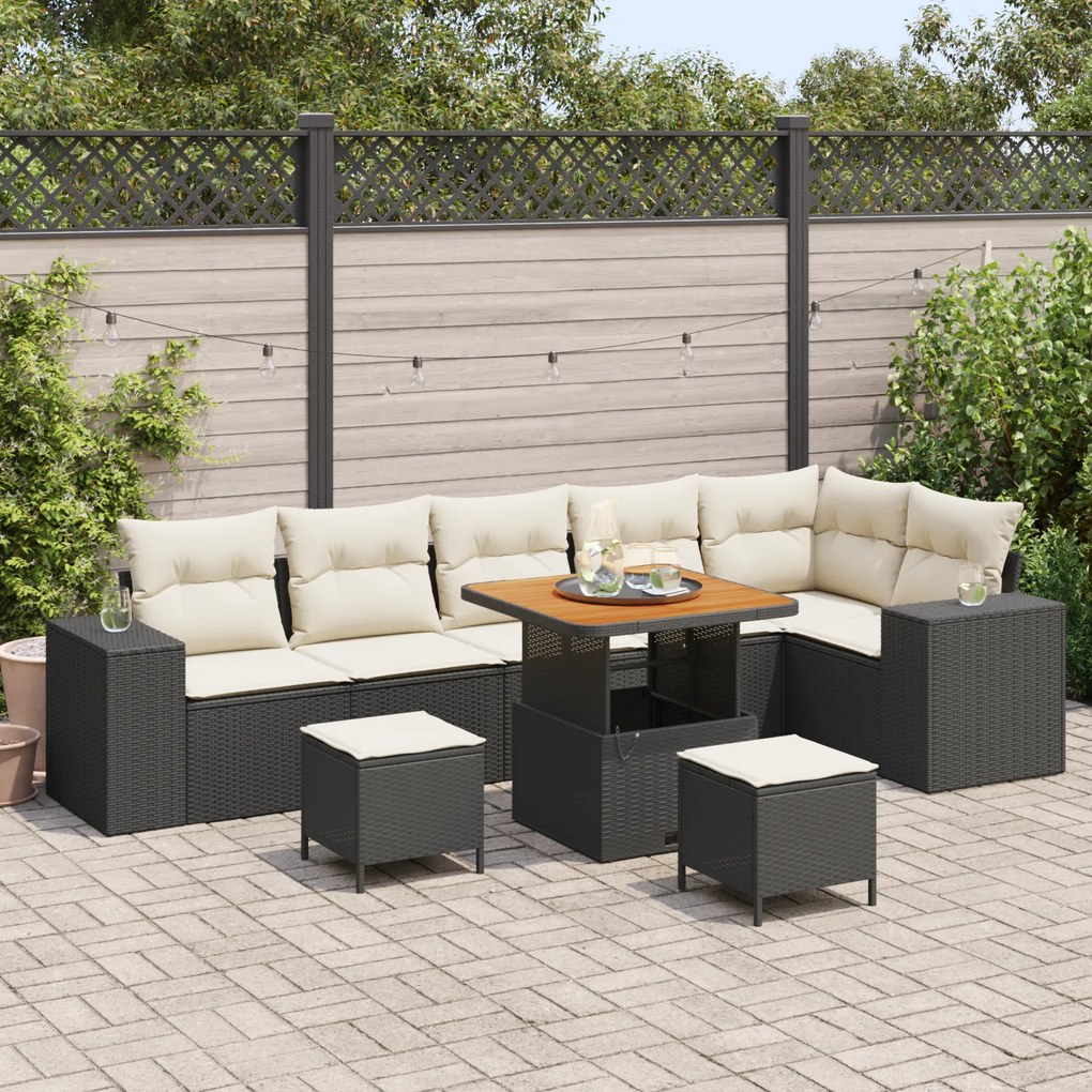 Conjunto de Sofá de Jardim de 9 Peças com Almofadas Preto Rattan Acáci