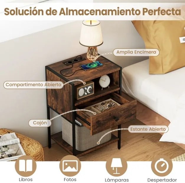 Conjunto de 2 mesas de cabeceira, mesas apoio 40 x 32 x 65 cm com Estação de carregamento, Compartimento aberto Gaveta Castanho Rústico