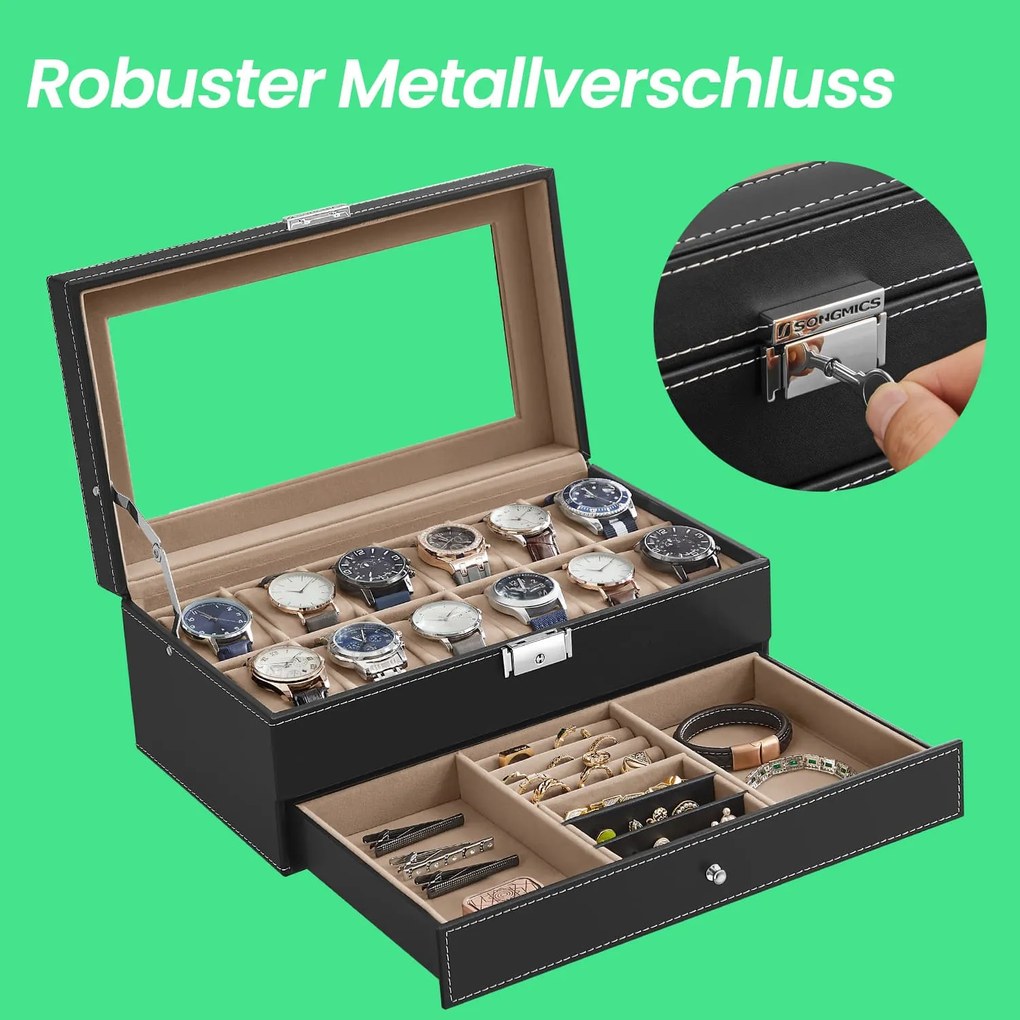 Caixa para relógios com tampa de vidro, 2 níveis 18,5 x 32,5 x 13,5 cm preta