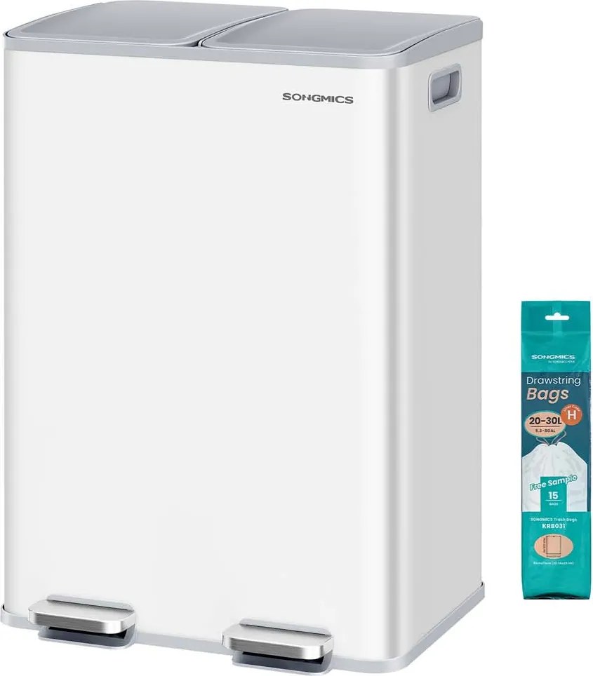 Caixote do lixo de cozinha com dois compartimentos e tampa de fecho suave em aço 47,6 x 37,7 x 66,9 cm Branco